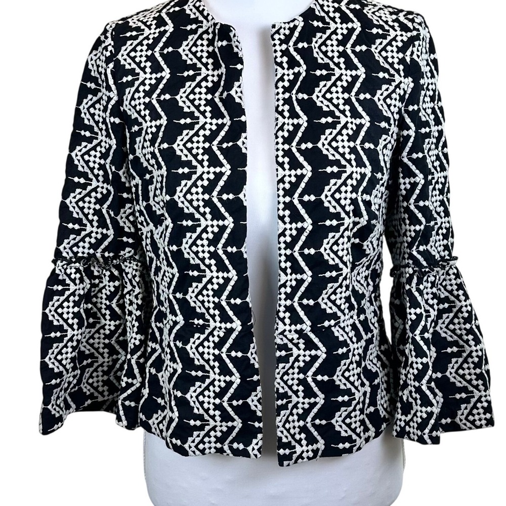 Zara Basic Embroidered Bell Sleeve‎ Jacket Black White Geometric Zigzag - Small